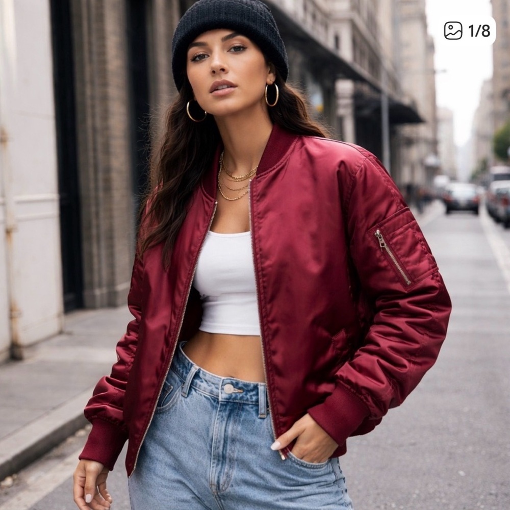Women's BLACK Satin Bomber Jacket Zip Up